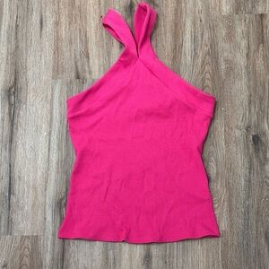New York and Company Halter Top Ribbed CrissCross Straps Barbie Pink Size S NWOT